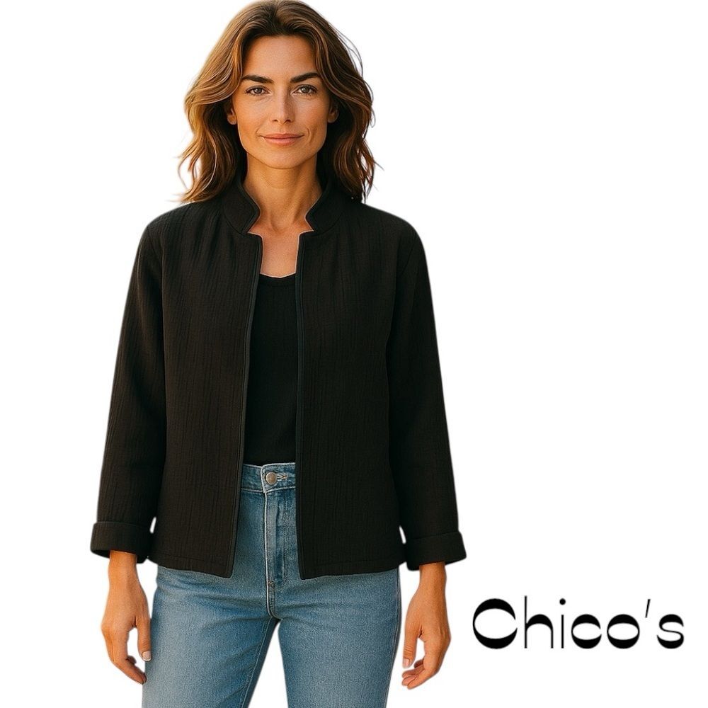 Chico’s Brown Black Long Sleeve Jacket  NWOT Size 8 Coastal Grandma Cottage